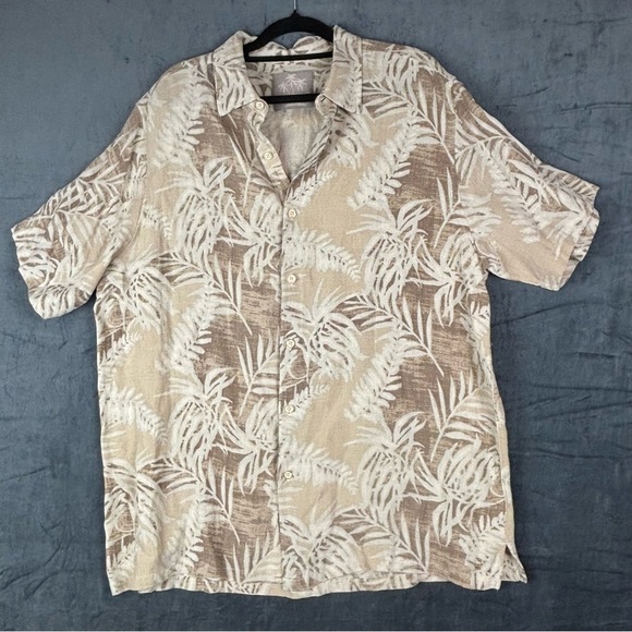 Jimmy Buffet Margaritaville Men’s XL Linen and Silk CreamBrown Tropical Shirt - Picture 2 of 7